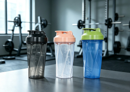bulk custom logo protein shaker cups with containers on gym counter wholesale